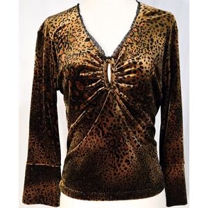 Vintage Y2K Leopard Print Top Velvet Animal Long Sleeve Shirt V Neck Stretchy
